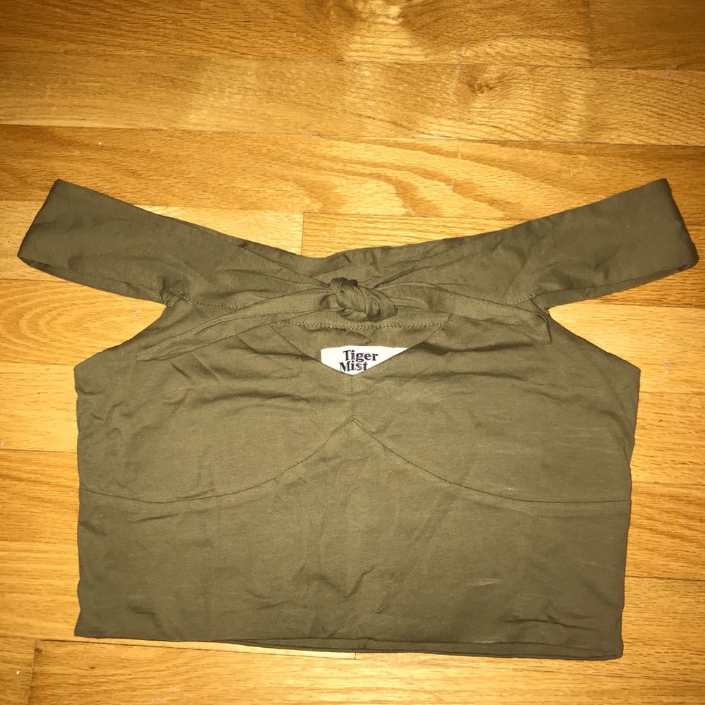 Tigermist green off the shoulder crop top